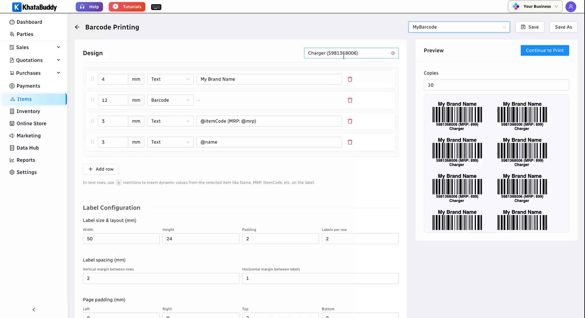 Selecting an item, setting copies, and printing barcode labels