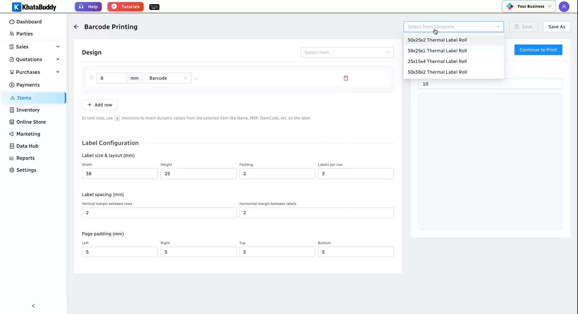 Selecting the 50 x 25 standard label template
