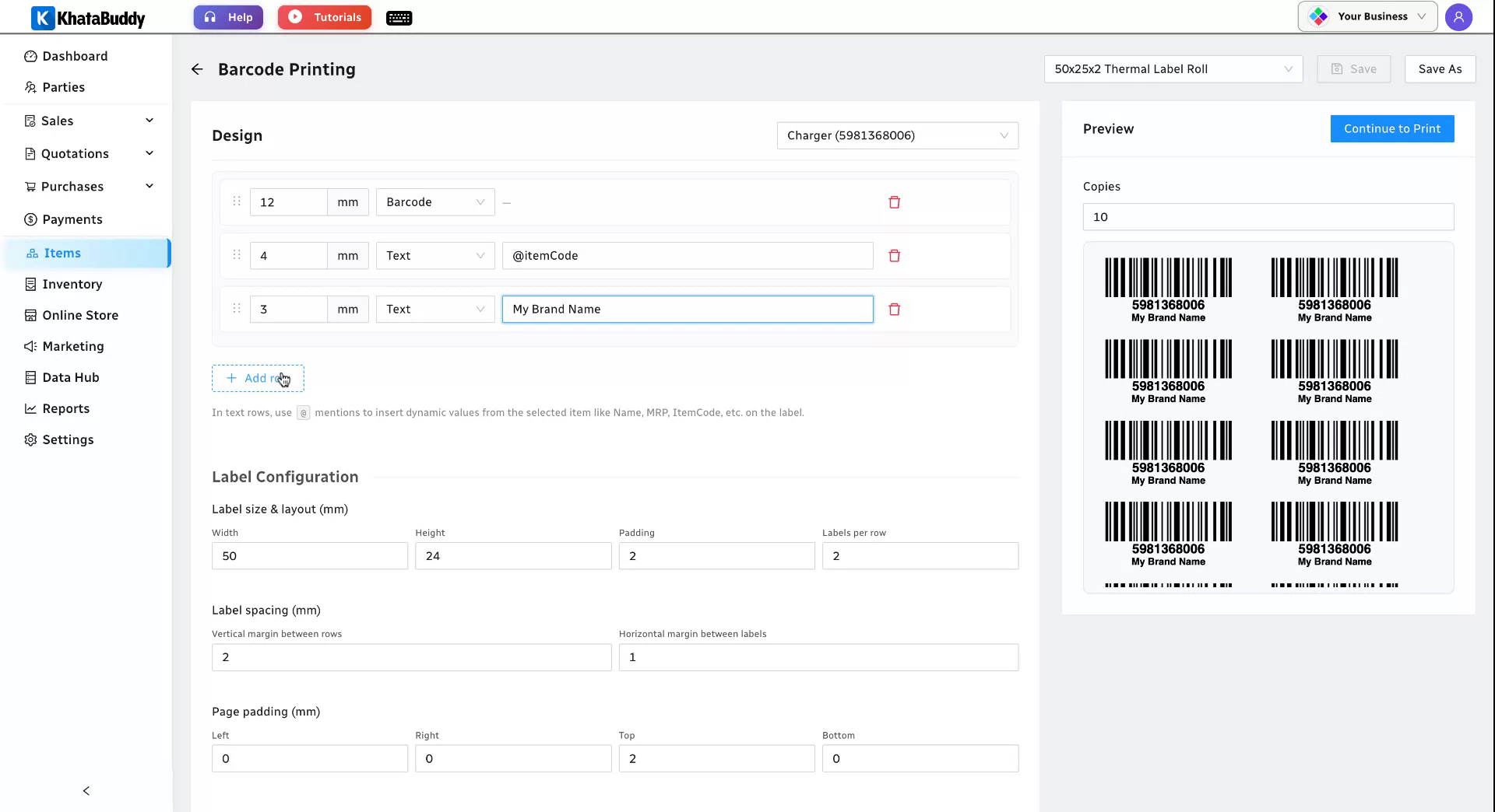 Using the @ symbol to insert the dynamic item name field