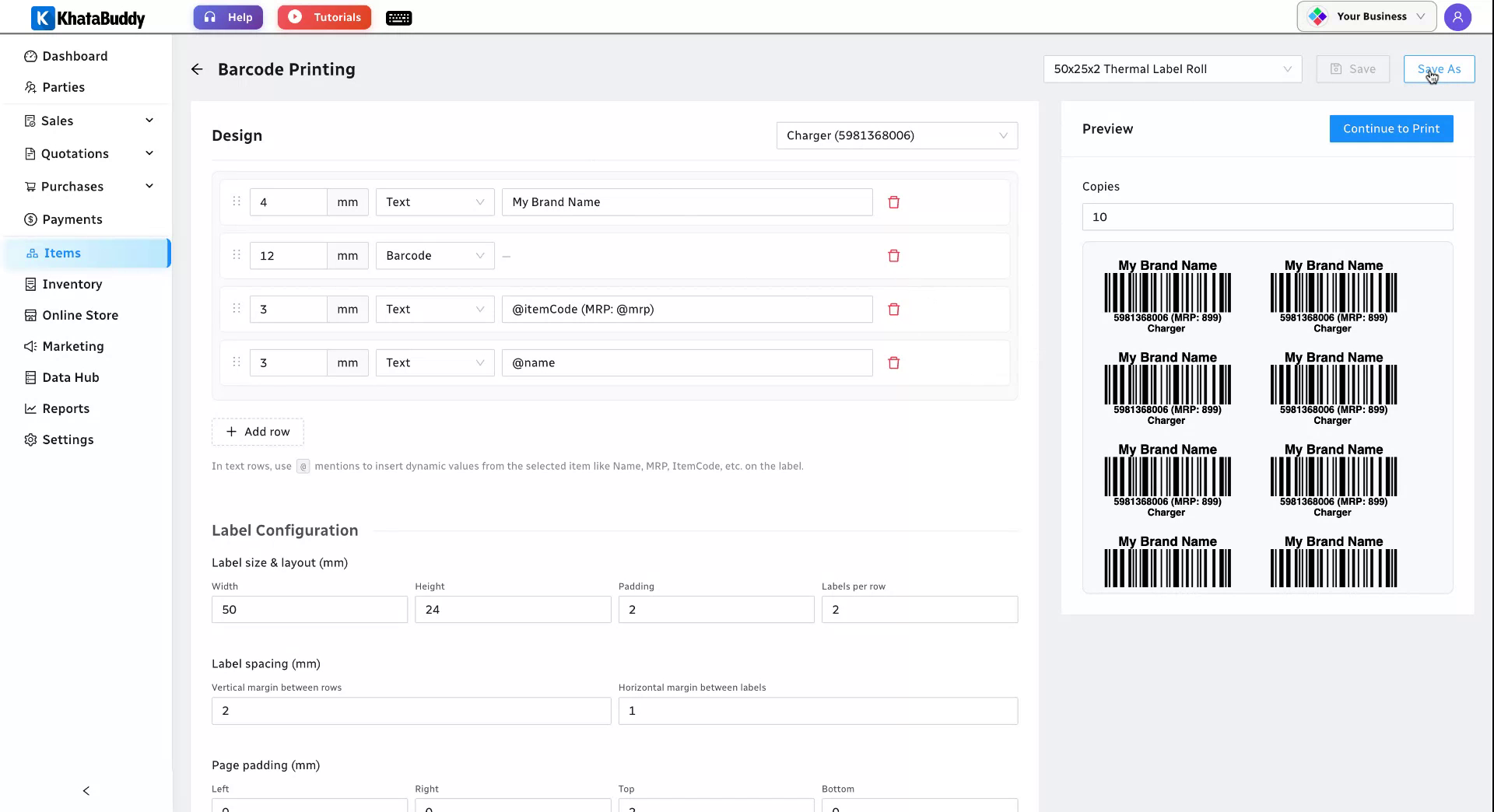 Saving the barcode design as a reusable template